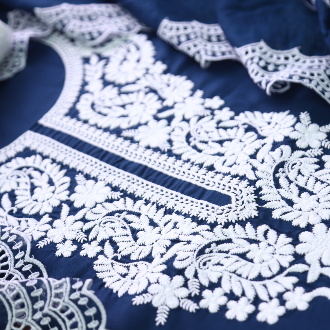 Apurva Navy Blue Chikankari inspired Thread Neck Work Cotton Suit Set