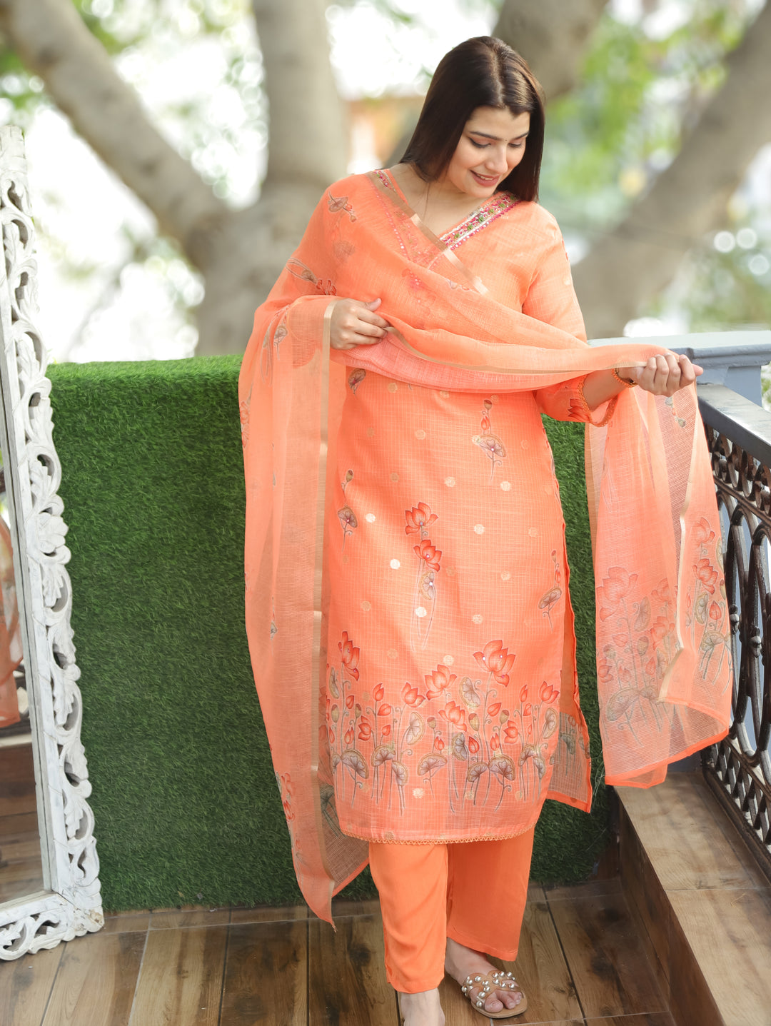 Jhanvi Tangerine Orange V Embellish Pichwai Printed Hem Kota Doriya 3 PIece Set