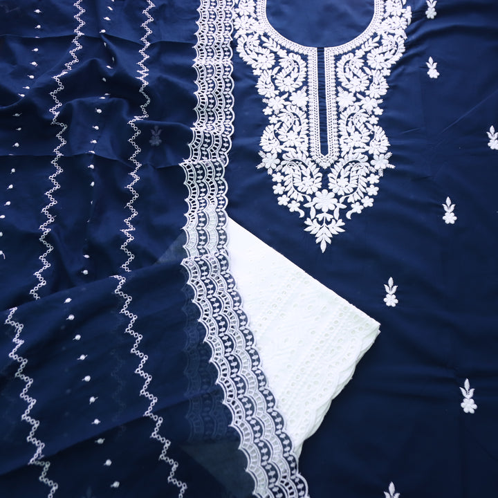 Apurva Navy Blue Chikankari inspired Thread Neck Work Cotton Suit Set