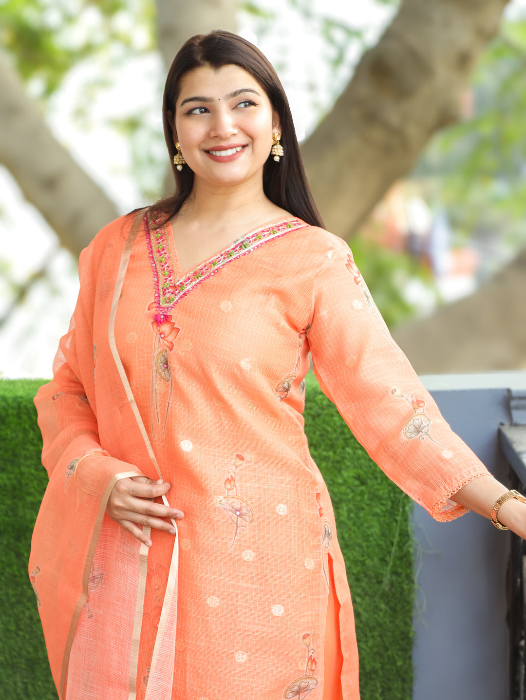 Jhanvi Tangerine Orange V Embellish Pichwai Printed Hem Kota Doriya 3 PIece Set