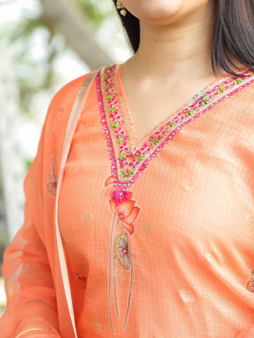 Jhanvi Tangerine Orange V Embellish Pichwai Printed Hem Kota Doriya 3 PIece Set