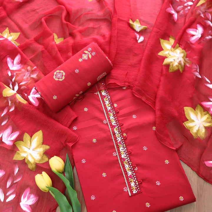 Rushna Bride Red Thread Work Patch Floral Buti Print Cotton Set