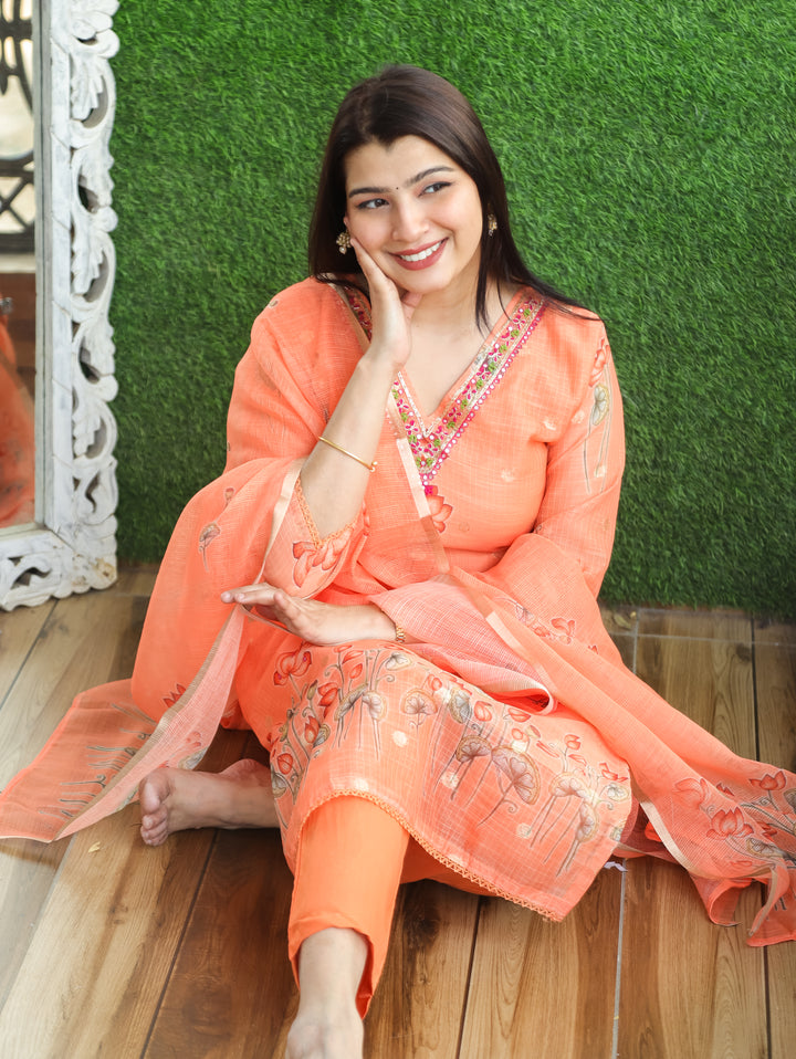 Jhanvi Tangerine Orange V Embellish Pichwai Printed Hem Kota Doriya 3 PIece Set