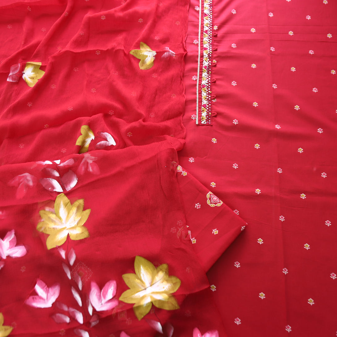 Rushna Bride Red Thread Work Patch Floral Buti Print Cotton Set