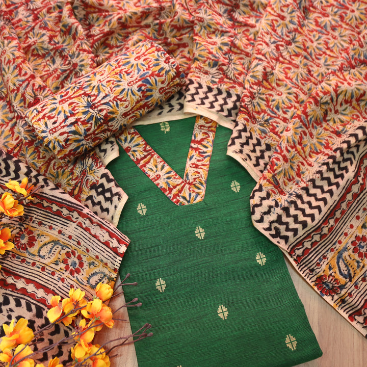 Bahara Pine Green Kalamkari V Neck Patch Thread Weaved Cotton Suit Set