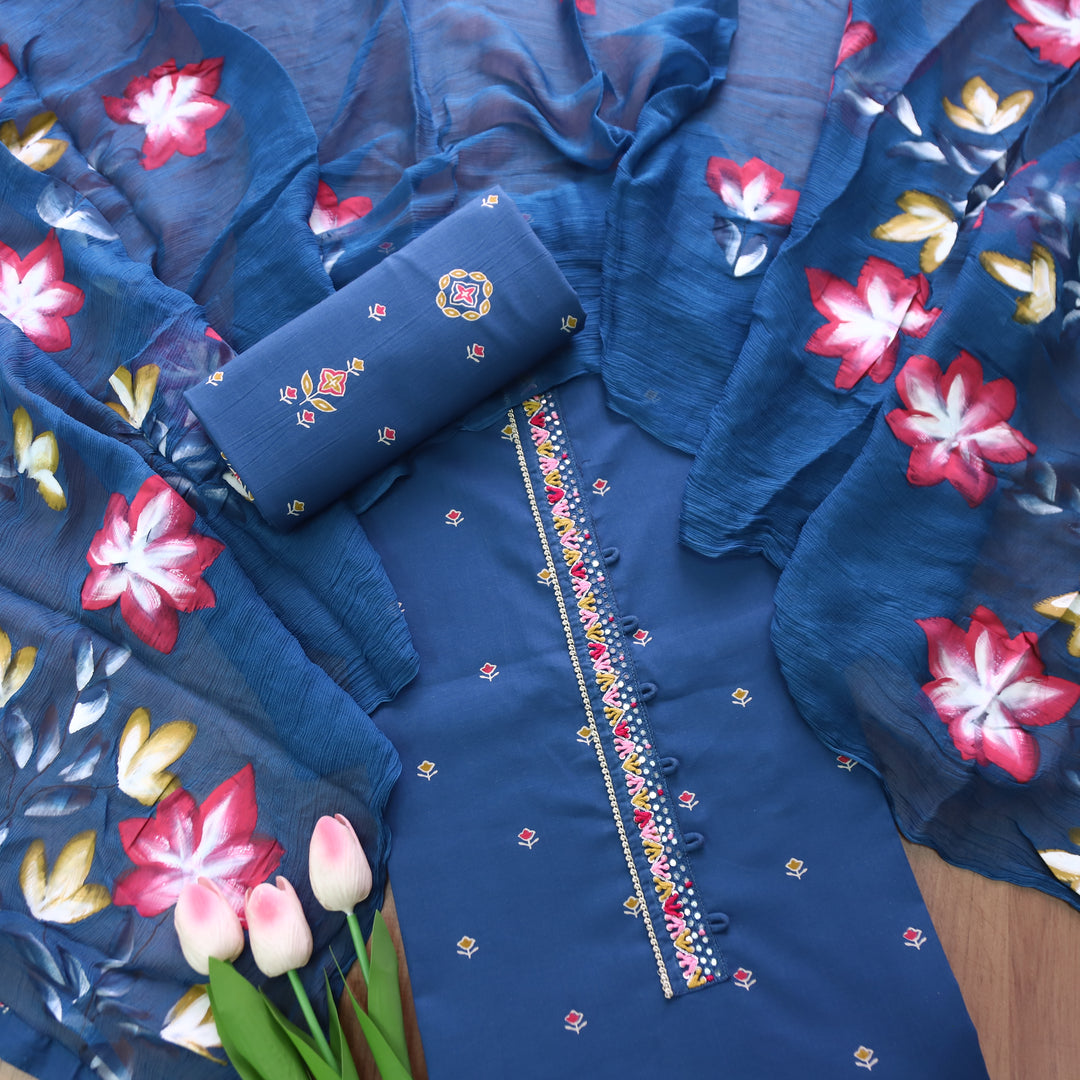 Rushna Royal Blue Thread Work Patch Floral Buti Print Cotton Set