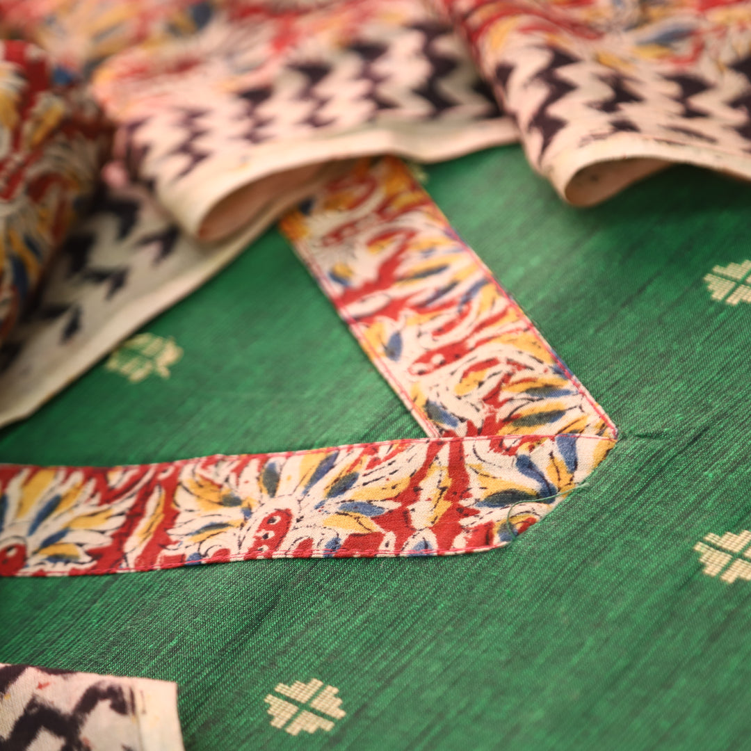 Bahara Pine Green Kalamkari V Neck Patch Thread Weaved Cotton Suit Set