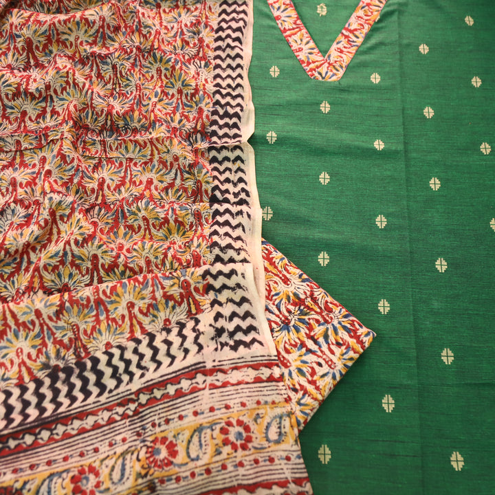 Bahara Pine Green Kalamkari V Neck Patch Thread Weaved Cotton Suit Set