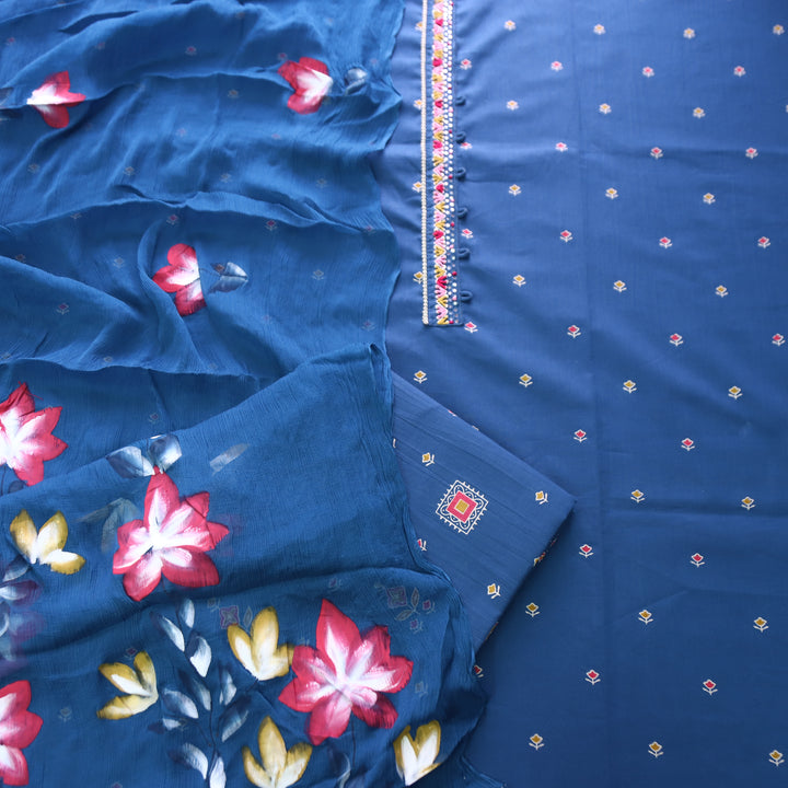Rushna Royal Blue Thread Work Patch Floral Buti Print Cotton Set