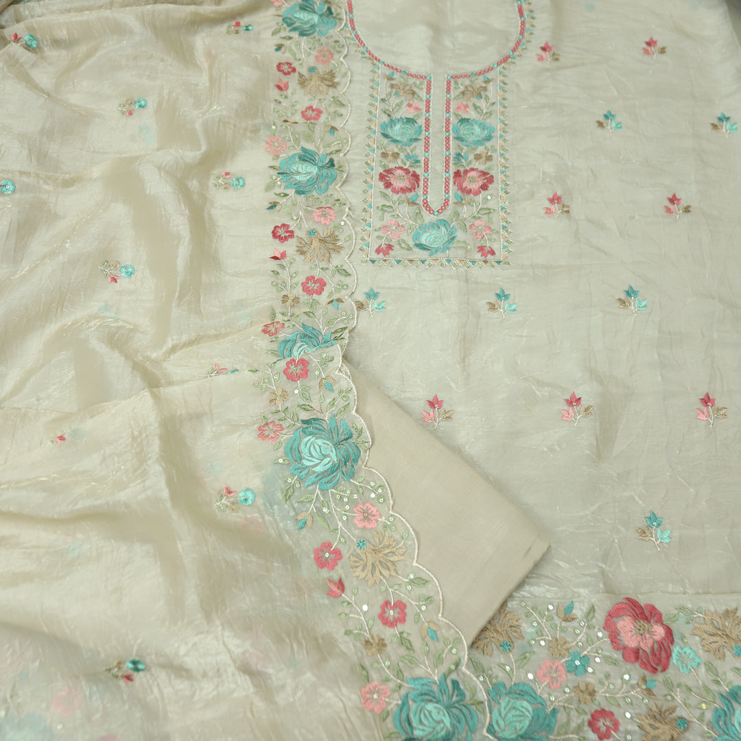 Ekta Hazel Beige with Aqua Floral Embroidered Neck Work Crushed Tissue Suit Set