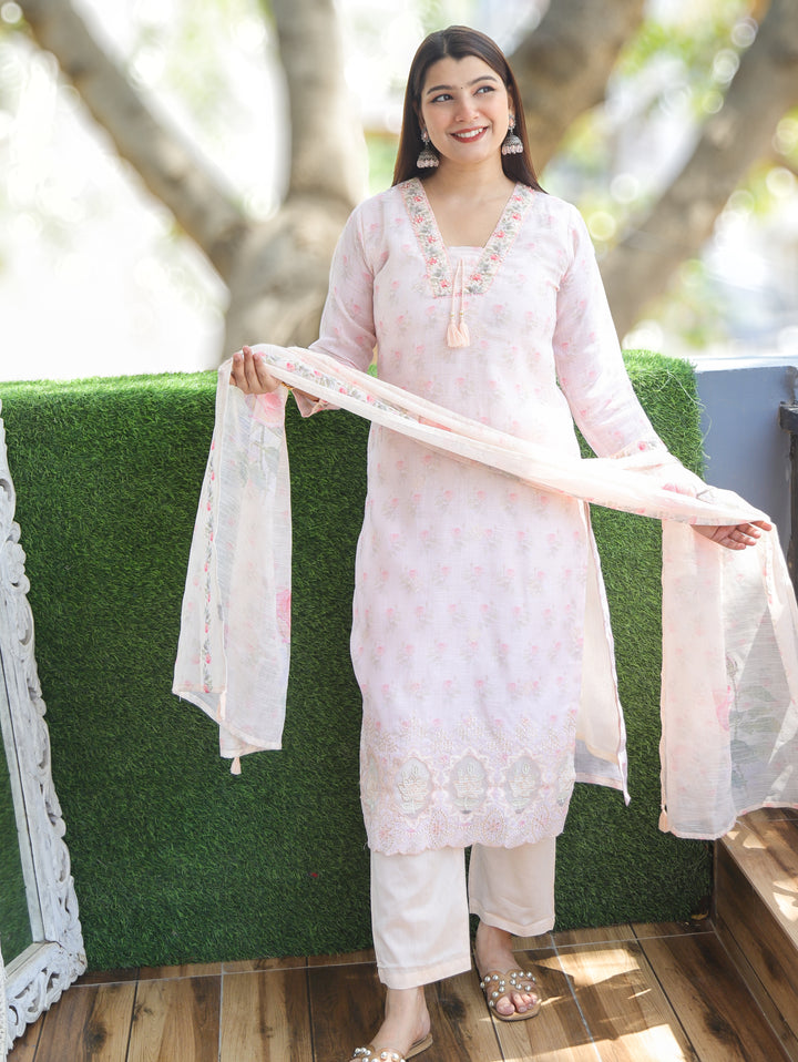 Camila Peach V Neck Cotton Linen 3 Piece Set