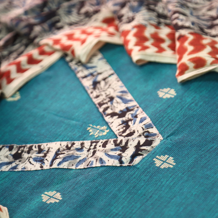 Bahara Cerulean Teal Kalamkari V Neck Patch Thread Weaved Cotton Suit Set