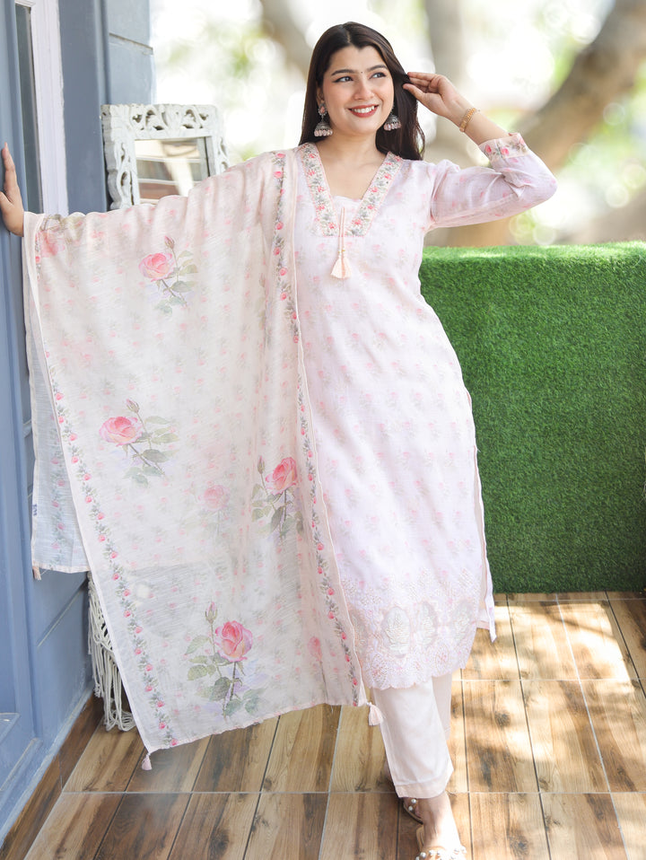 Camila Peach V Neck Cotton Linen 3 Piece Set