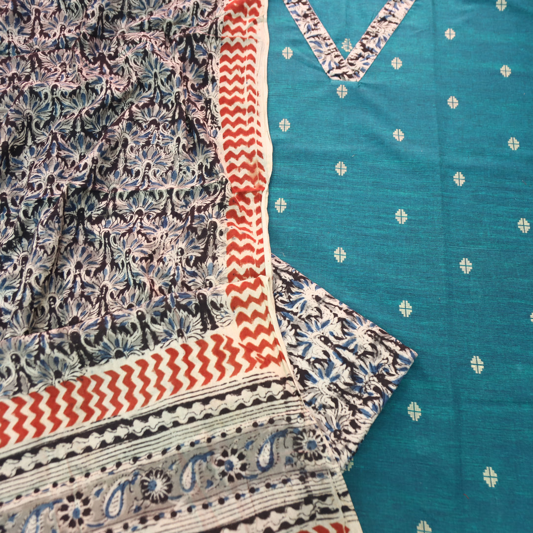 Bahara Cerulean Teal Kalamkari V Neck Patch Thread Weaved Cotton Suit Set