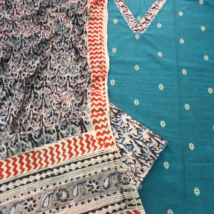 Bahara Cerulean Teal Kalamkari V Neck Patch Thread Weaved Cotton Suit Set