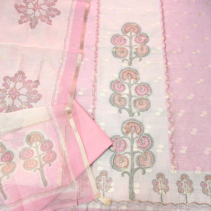 Tanishka Pastel Pink Chain Style Zari Work Panel with Floral Printed Kota Doriya Set