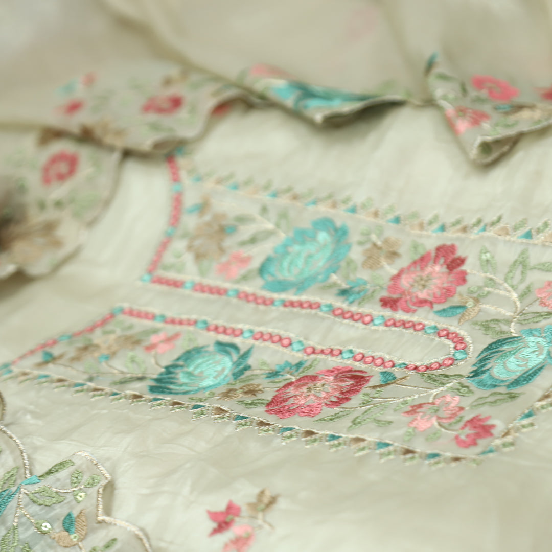 Ekta Hazel Beige with Aqua Floral Embroidered Neck Work Crushed Tissue Suit Set