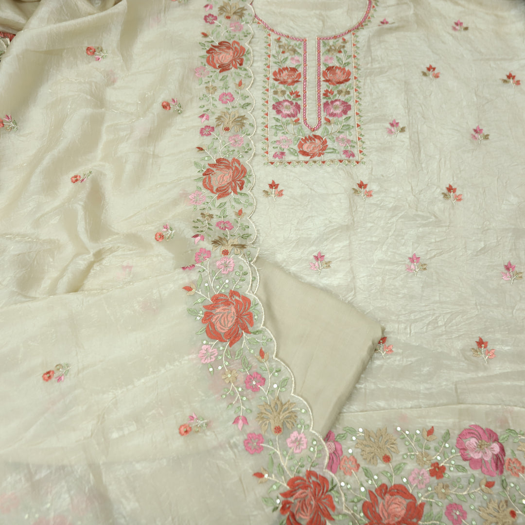 Ekta Hazel Beige with Red Floral Embroidered Neck Work Crushed Tissue Suit Set