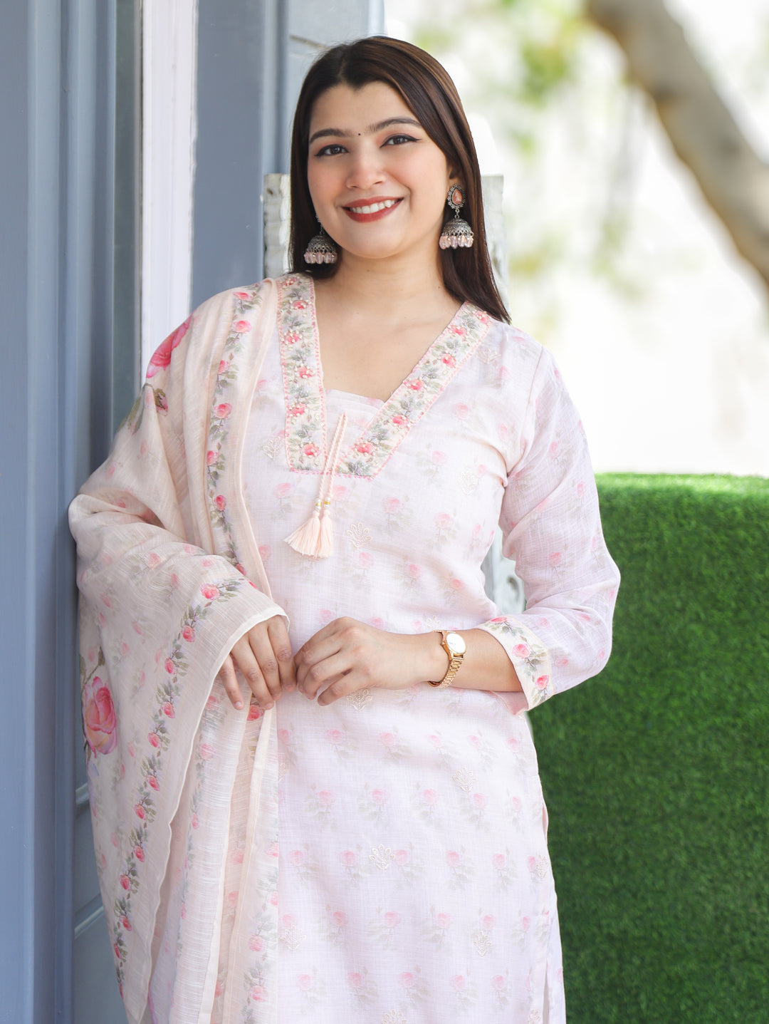 Camila Peach V Neck Cotton Linen 3 Piece Set