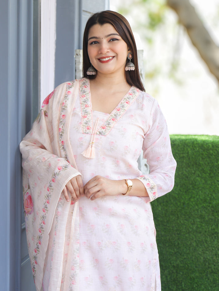 Camila Peach V Neck Cotton Linen 3 Piece Set
