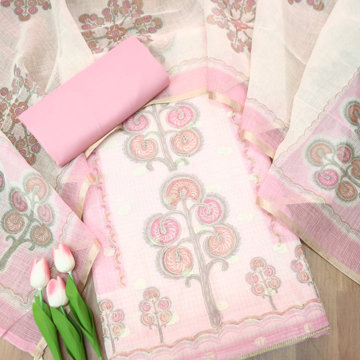 Tanishka Pastel Pink Chain Style Zari Work Panel with Floral Printed Kota Doriya Set