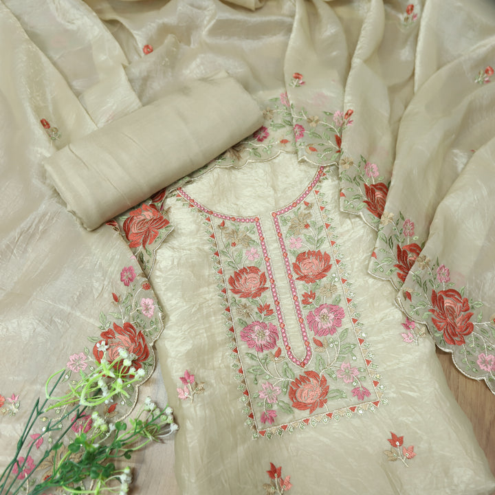 Ekta Hazel Beige with Red Floral Embroidered Neck Work Crushed Tissue Suit Set