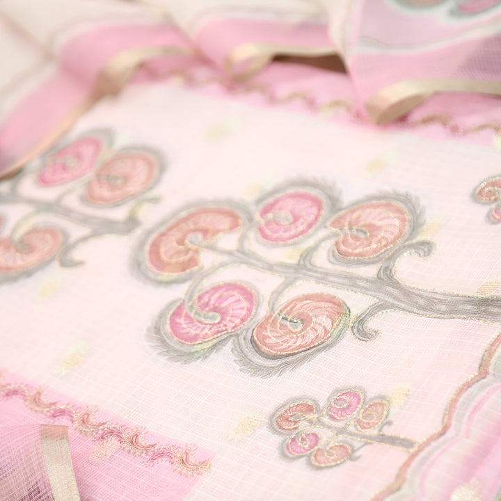Tanishka Pastel Pink Chain Style Zari Work Panel with Floral Printed Kota Doriya Set