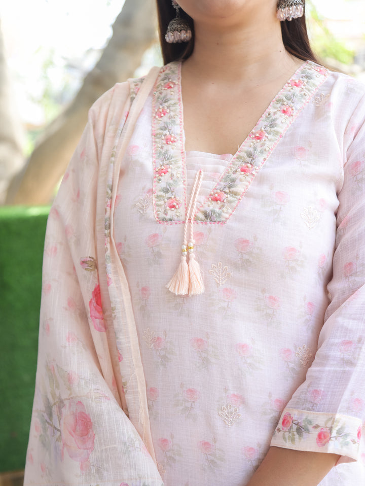Camila Peach V Neck Cotton Linen 3 Piece Set