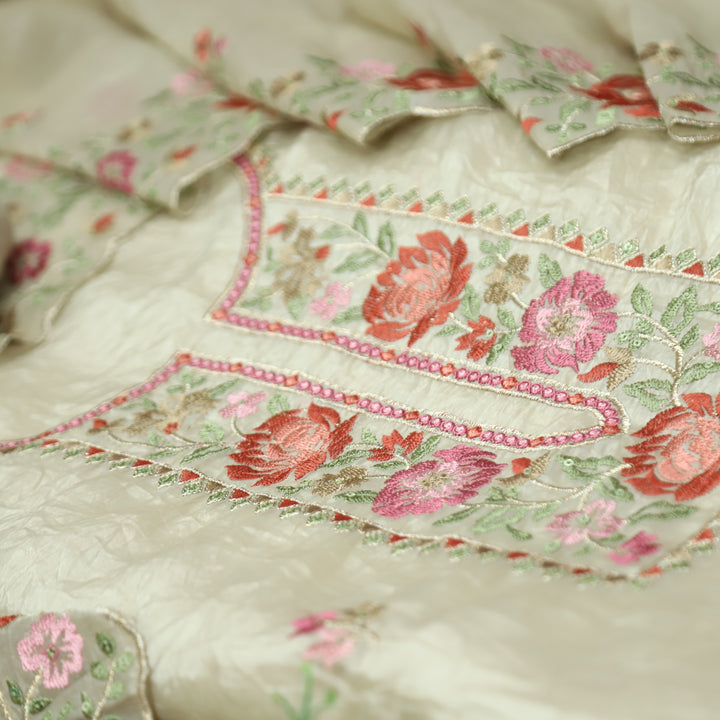 Ekta Hazel Beige with Red Floral Embroidered Neck Work Crushed Tissue Suit Set