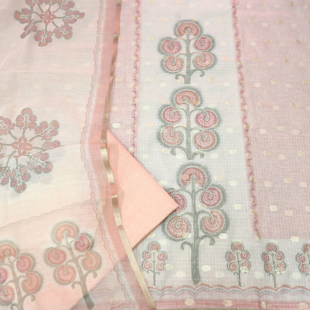 Tanishka Pastel Peach Chain Style Zari Work Panel with Floral Printed Kota Doriya Set