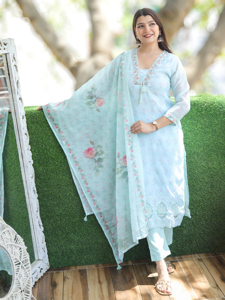 Camila Ice Mint V Neck Cotton Linen 3 Piece Set