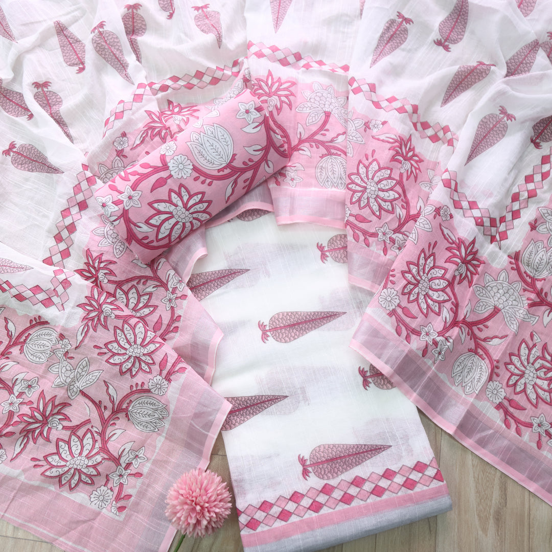 Rivaish White with Pink Digital Printed Premium Cotton Linen Suit Set