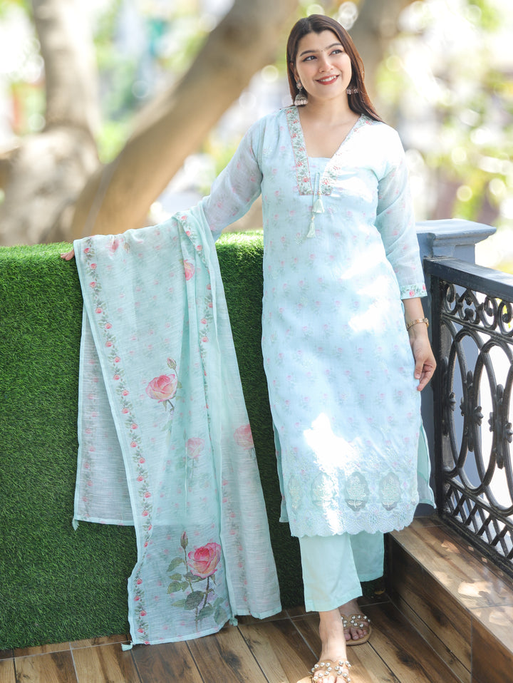 Camila Ice Mint V Neck Cotton Linen 3 Piece Set