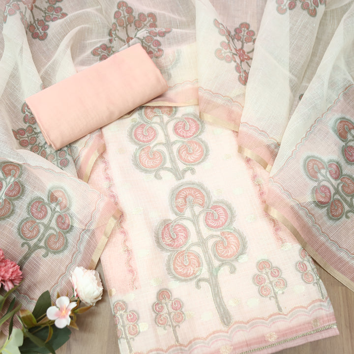 Tanishka Pastel Peach Chain Style Zari Work Panel with Floral Printed Kota Doriya Set