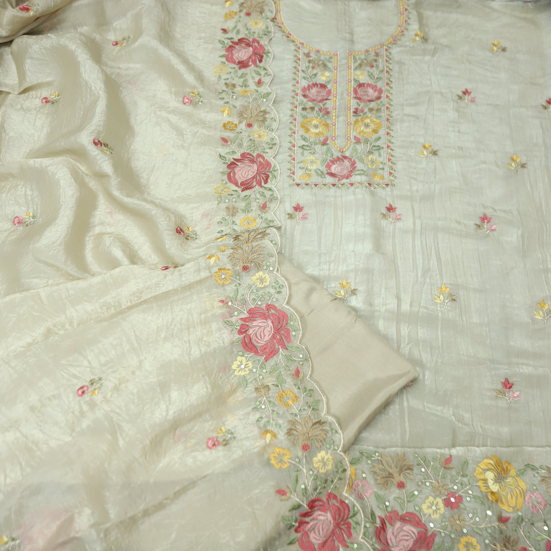 Ekta Hazel Beige with Yellow Floral Embroidered Neck Work Crushed Tissue Suit Set