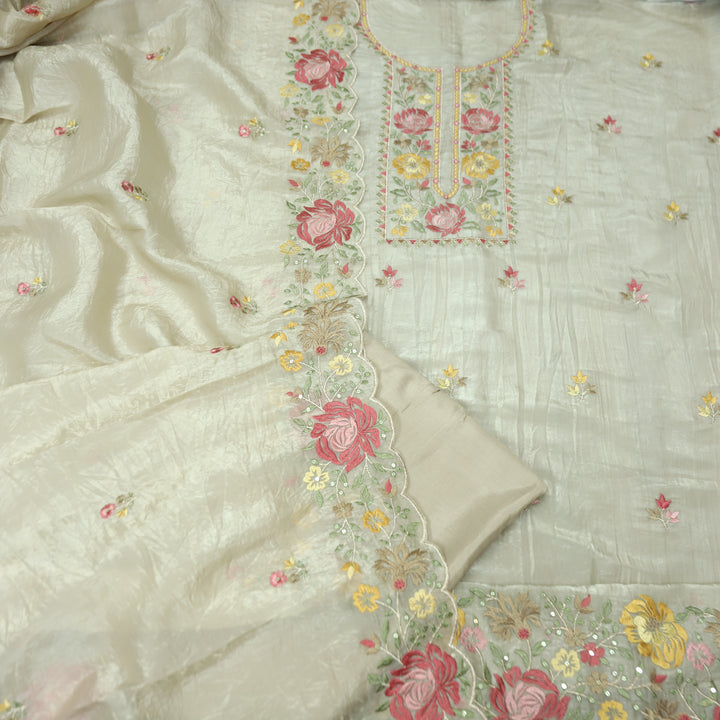 Ekta Hazel Beige with Yellow Floral Embroidered Neck Work Crushed Tissue Suit Set