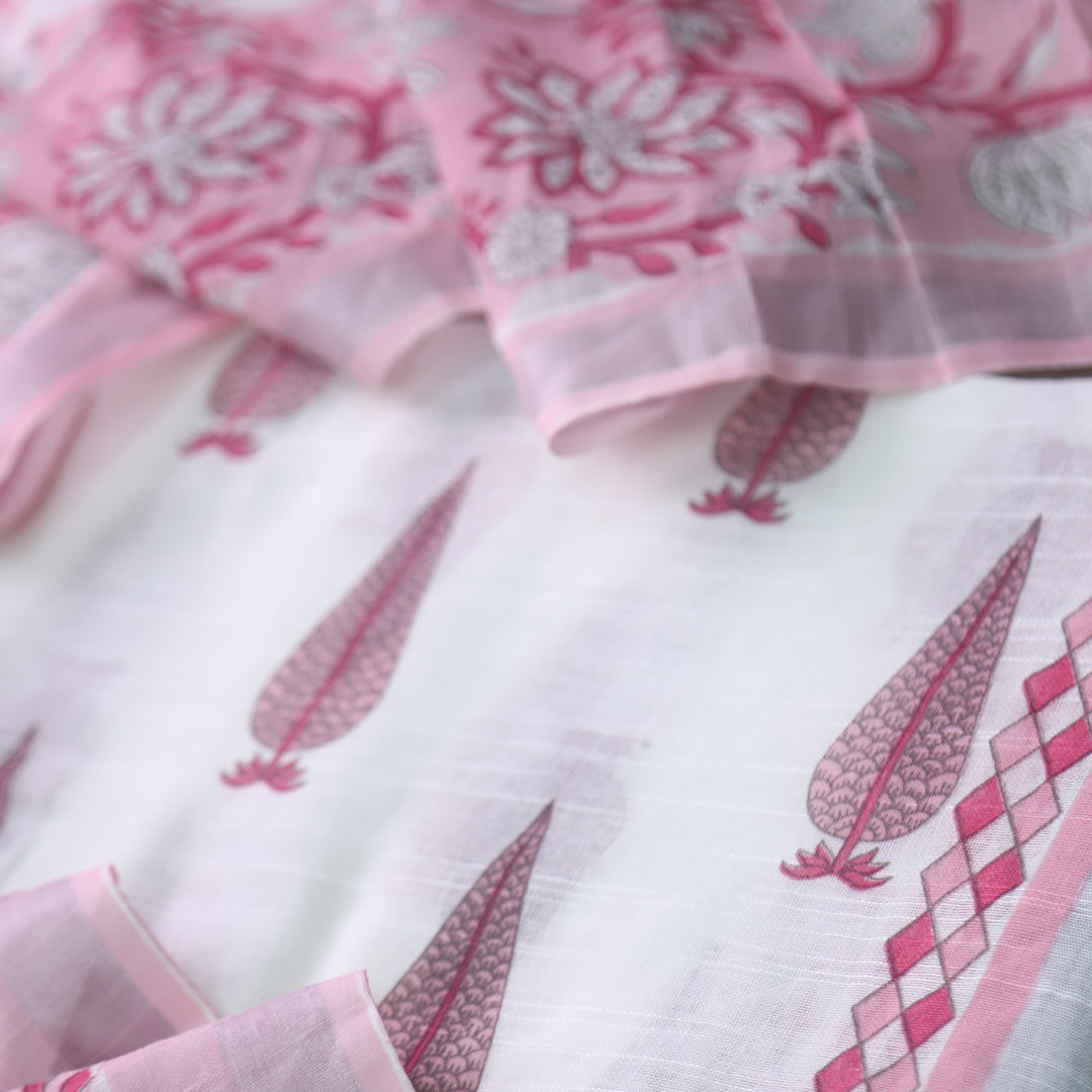 Rivaish White with Pink Digital Printed Premium Cotton Linen Suit Set