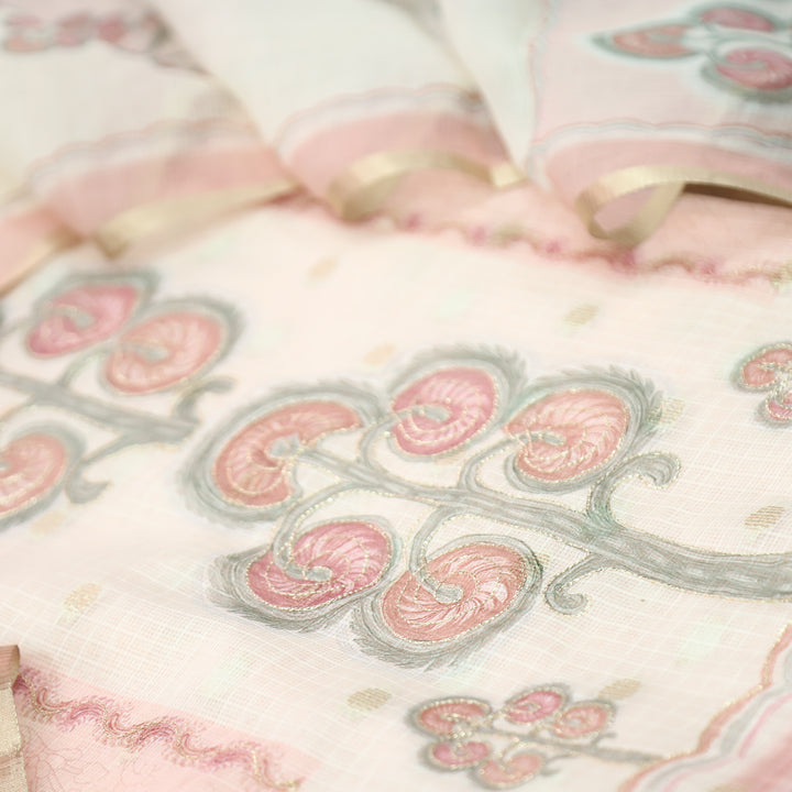 Tanishka Pastel Peach Chain Style Zari Work Panel with Floral Printed Kota Doriya Set
