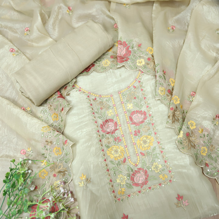 Ekta Hazel Beige with Yellow Floral Embroidered Neck Work Crushed Tissue Suit Set