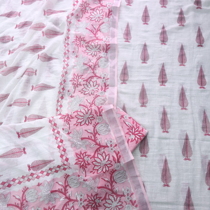 Rivaish White with Pink Digital Printed Premium Cotton Linen Suit Set