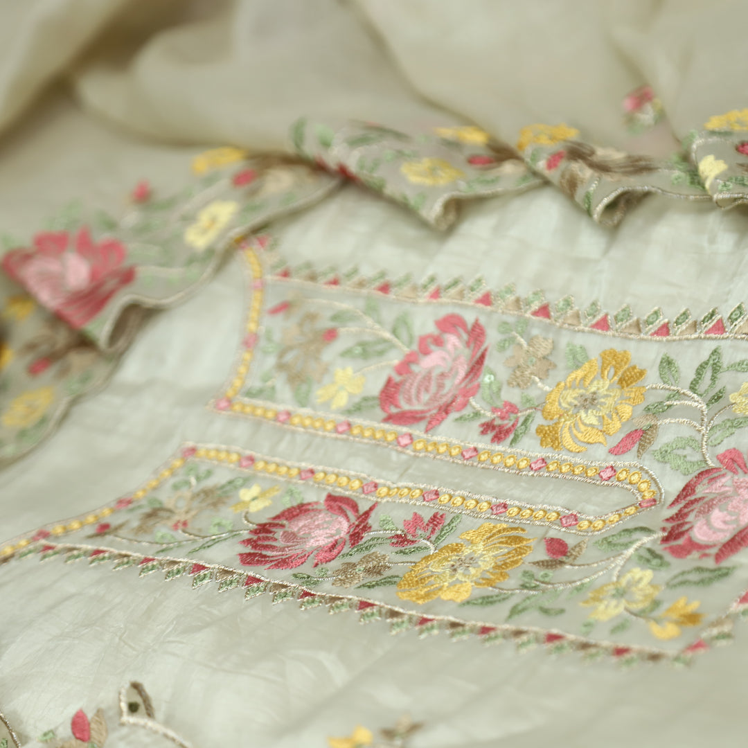 Ekta Hazel Beige with Yellow Floral Embroidered Neck Work Crushed Tissue Suit Set
