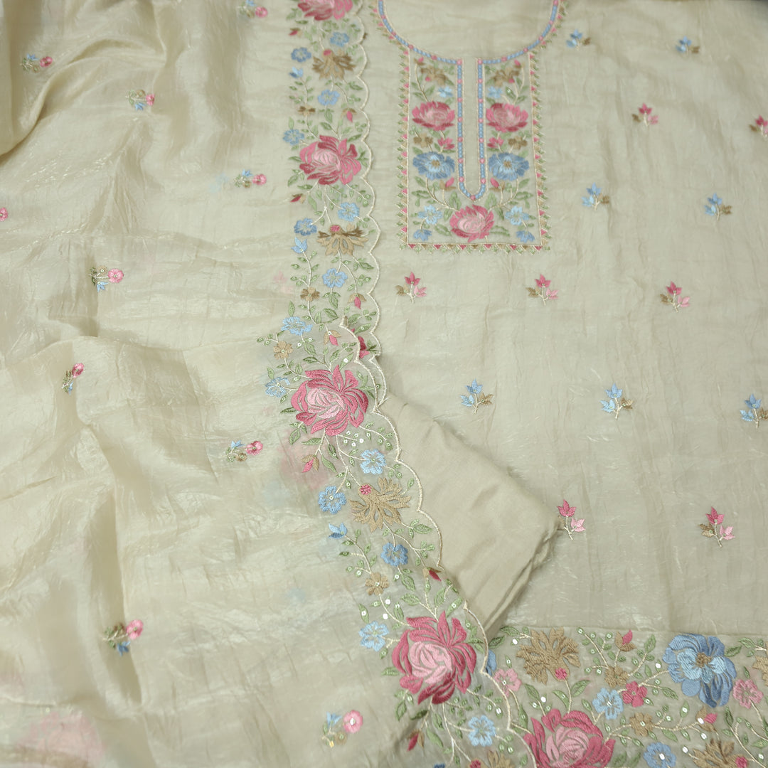 Ekta Hazel Beige with Blue Floral Embroidered Neck Work Crushed Tissue Suit Set
