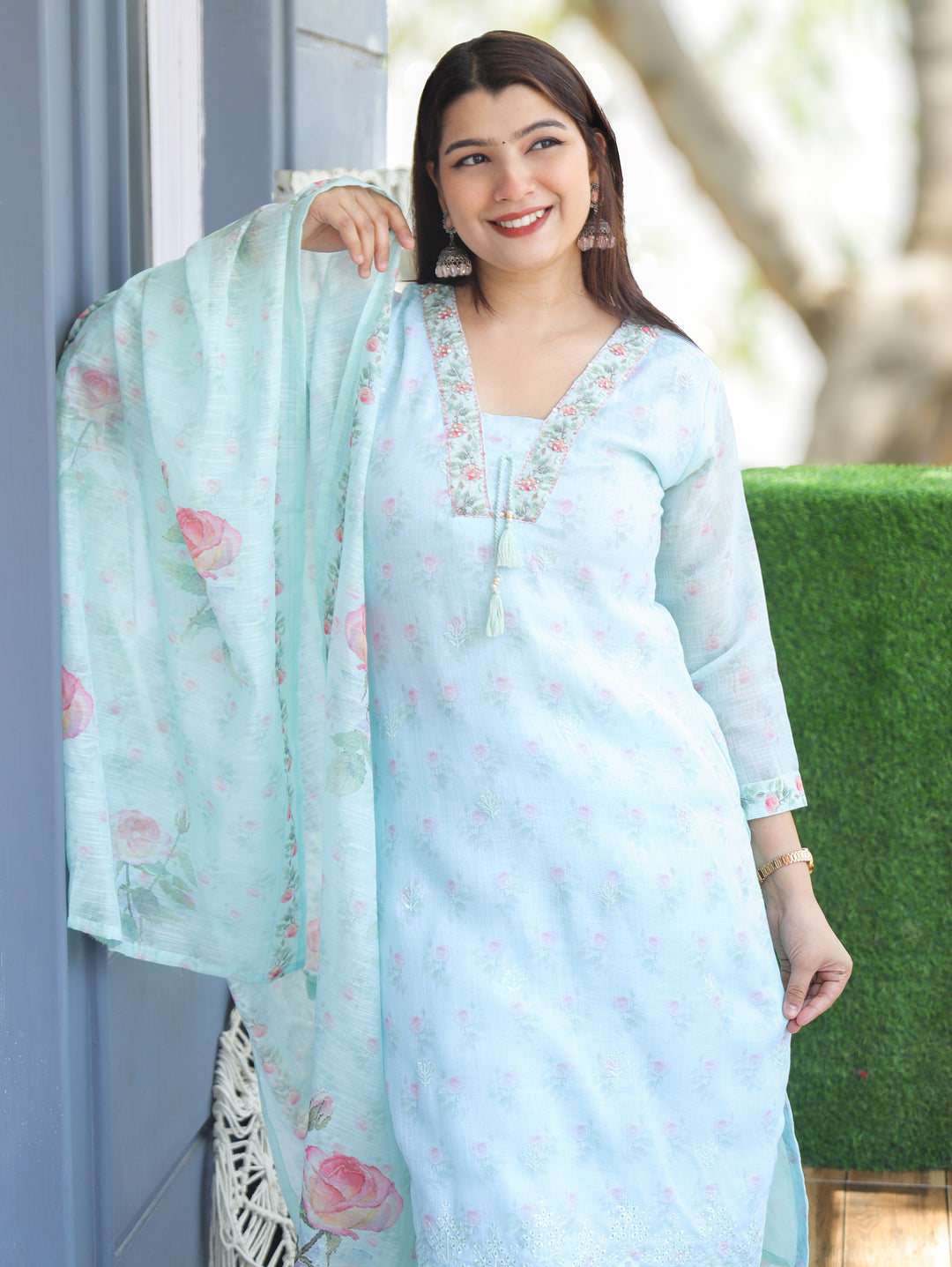 Camila Ice Mint V Neck Cotton Linen 3 Piece Set