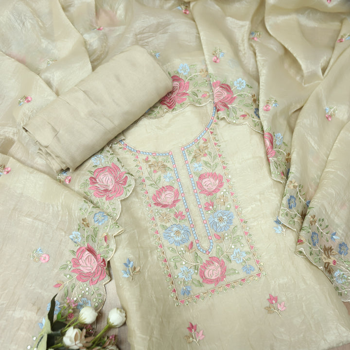 Ekta Hazel Beige with Blue Floral Embroidered Neck Work Crushed Tissue Suit Set