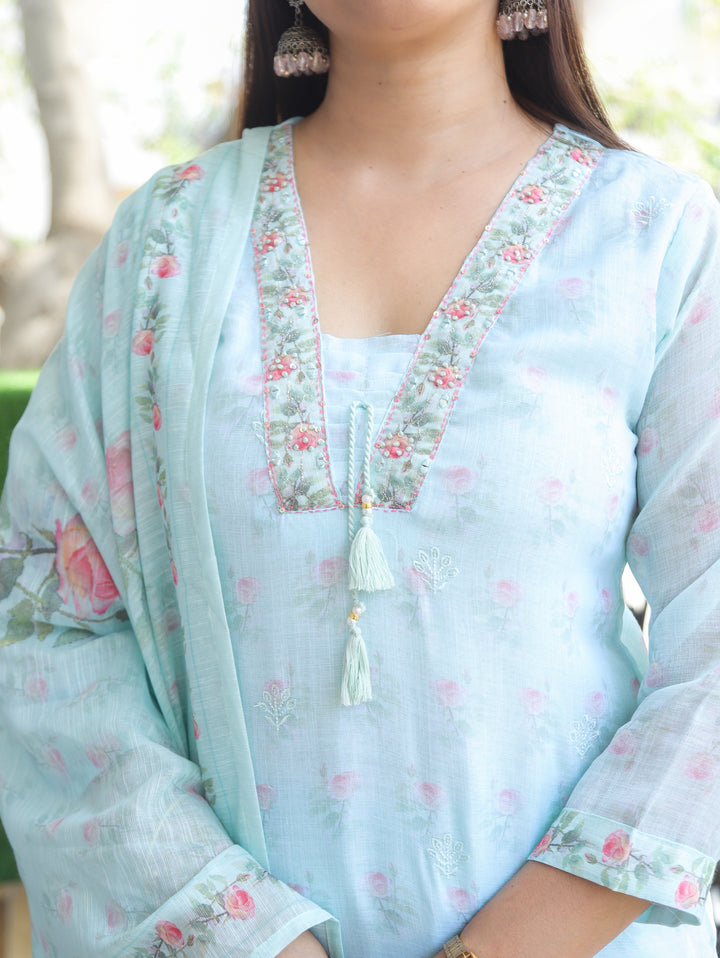 Camila Ice Mint V Neck Cotton Linen 3 Piece Set