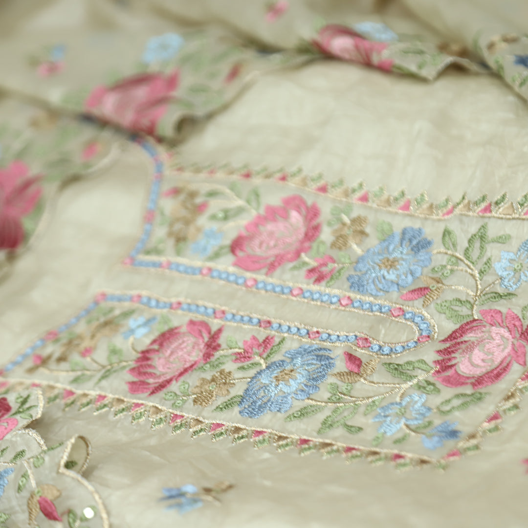 Ekta Hazel Beige with Blue Floral Embroidered Neck Work Crushed Tissue Suit Set
