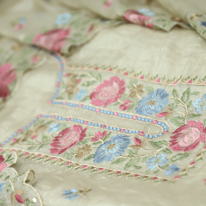 Ekta Hazel Beige with Blue Floral Embroidered Neck Work Crushed Tissue Suit Set