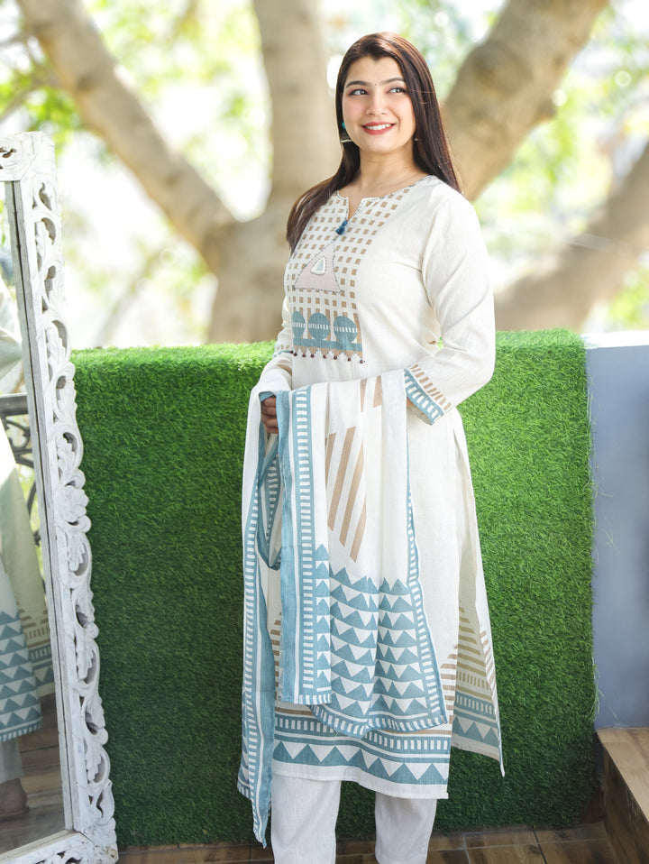 Aadhira Shell White Mirror with Tassels Work on Neck Printed Cotton Linen Set