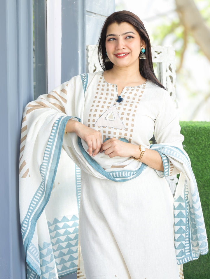 Aadhira Shell White Mirror with Tassels Work on Neck Printed Cotton Linen Set