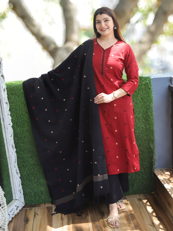 Camila Maroon Weaved South Cotton 3 Piece Set